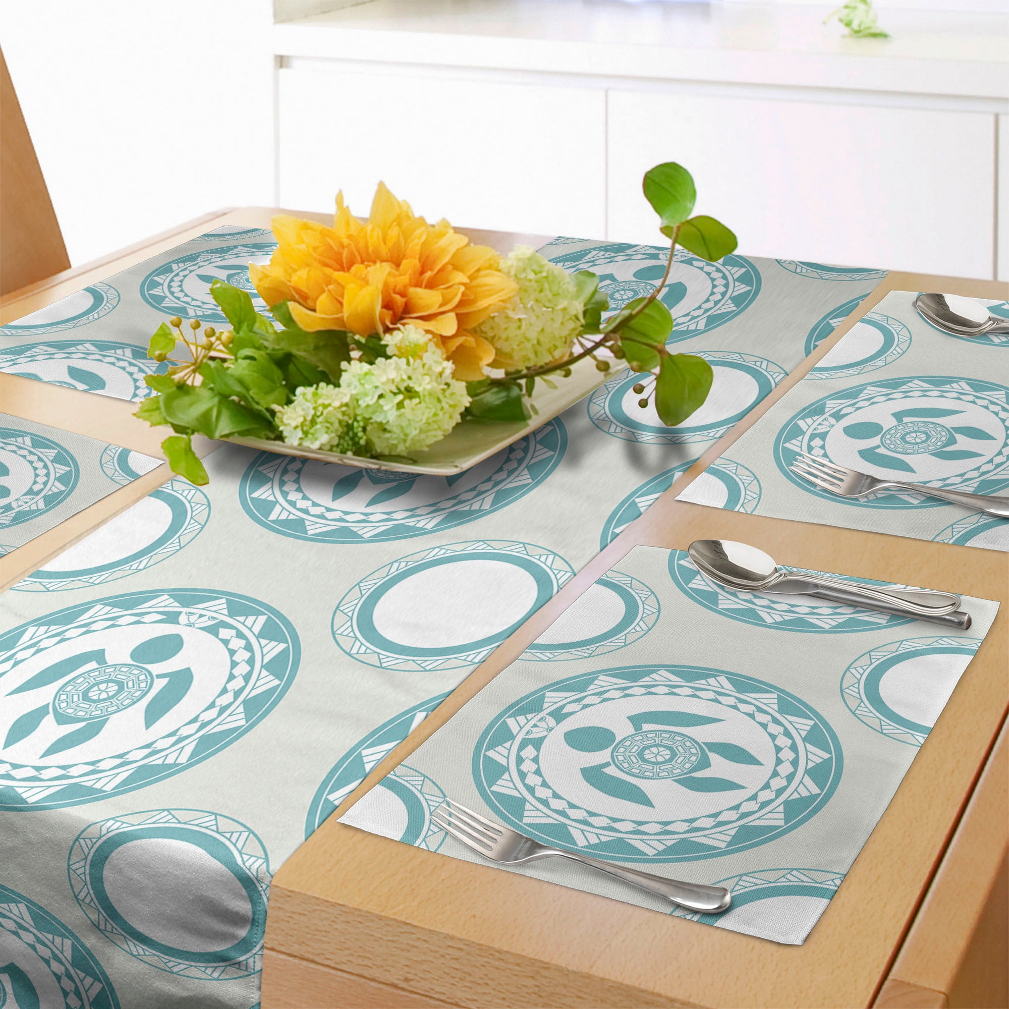 Ethnic Table Runner & Placemats, Aboriginal Mandala Motif of Sea Turtle