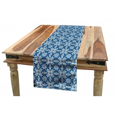 Ethnic Table Runner, Portuguese Azulejo Tile Inspired Pattern with Ornamental Foliage Pattern, Dining Room Kitchen Rectangular Runner, 3 Sizes, by Ambesonne