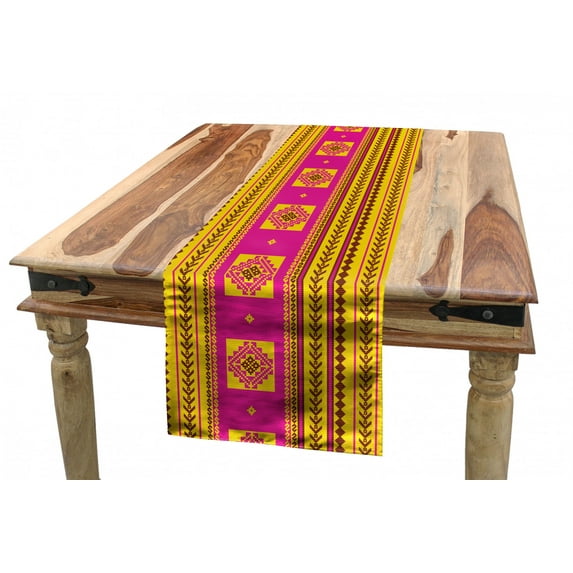 Ethnic Table Runner, Summer Inspired Pattern with Geometric and Traditional Ornaments, Dining Room Kitchen Rectangular Runner, 3 Sizes, by Ambesonne