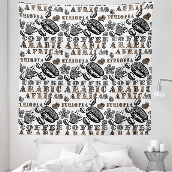 Ethnic Tapestry, Coffee Beans with Ornamental Words Ethiopians Pattern, Fabric Wall Hanging Decor for Bedroom Living Room Dorm, 5 Sizes, Sand Brown Black, by Ambesonne