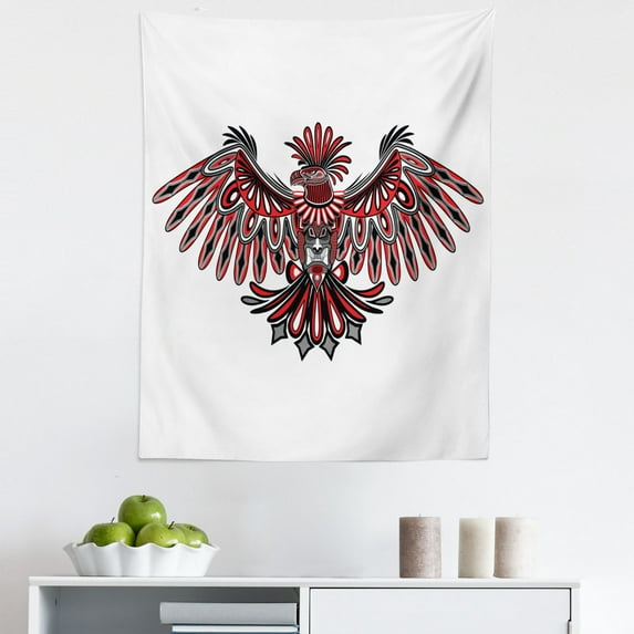 Ethnic Tapestry, Haida Art Eagle Motif Pattern Totem Illustration, Fabric Wall Hanging Decor for Bedroom Living Room Dorm, 5 Sizes, Vermilion and Grey, by Ambesonne