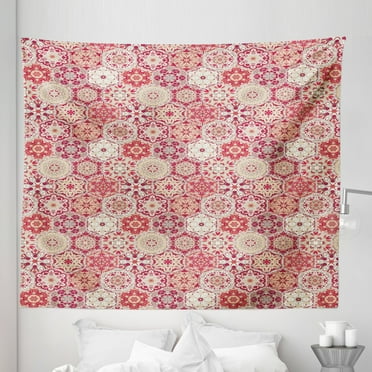 Ethnic Tapestry, Hexagonal Moroccan Bohemian Culture Traditional Mosaic Tiles Pattern Print, Fabric Wall Hanging Decor for Bedroom Living Room Dorm, 5 Sizes, Ruby Peach and Beige, by Ambesonne