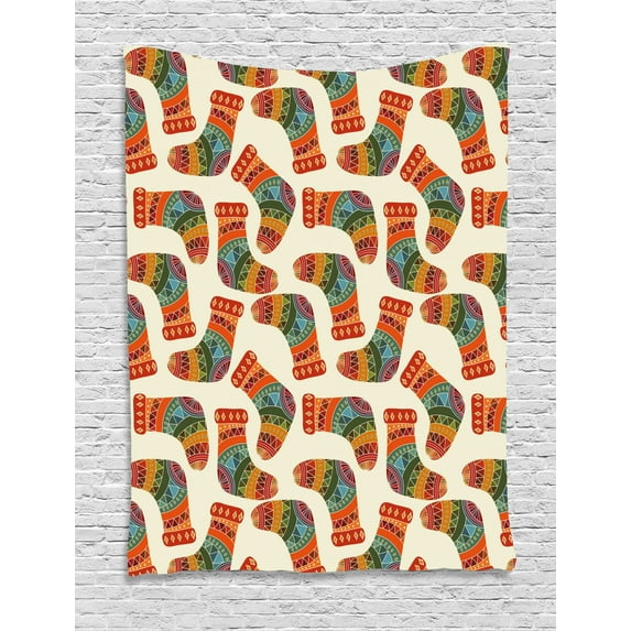 Ethnic Tapestry, Image of Colorful Hand Knitted Christmas Socks in Continuous Pattern, Wall Hanging for Bedroom Living Room Dorm Decor, 60W X 80L Inches, Eggshell and Multicolor, by Ambesonne