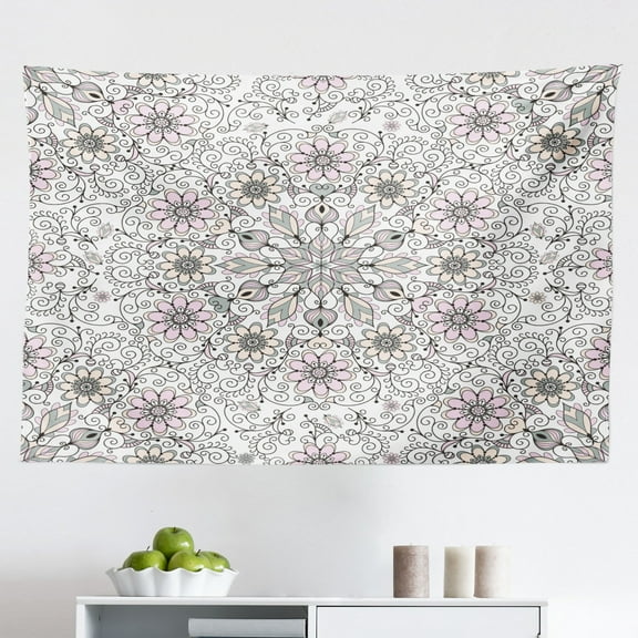 Ethnic Tapestry, Yin Yang Mandala Hippie Design with Floral Swirl Frame Image, Fabric Wall Hanging Decor for Bedroom Living Room Dorm, 2 Sizes, Purple and Pale Blue, by Ambesonne