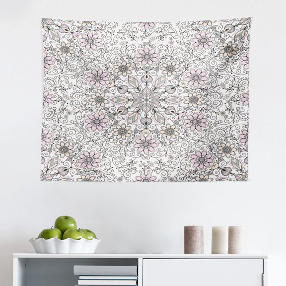 Ethnic Tapestry, Yin Yang Mandala Hippie Design with Floral Swirl Frame Image, Fabric Wall Hanging Decor for Bedroom Living Room Dorm, 2 Sizes, Purple and Pale Blue, by Ambesonne