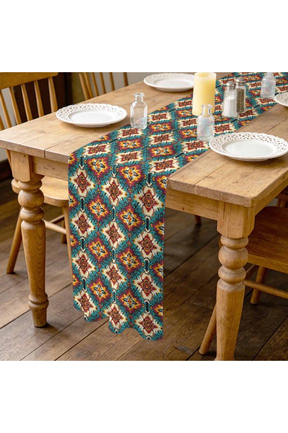 Ethnic Teal Orange 4.5ft Cheesecloth Table Runner for Wedding 19"x55", Southwestern Native Tribal Retro Geometric Kitchen Dinner Sheer Tulle Chiffon Dresser Scarf, Holiday Party Decorations