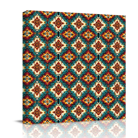 Ethnic Teal Orange Canvas Wall Art for Living Room, Southwestern Native Tribal Retro Geometric Poster Print Painting for Bedroom Office Home Decoration Wall Pictures Prepare To Hang 8"x8"