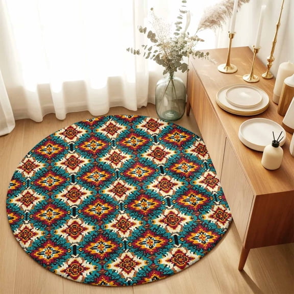Ethnic Teal Orange Geometric Art Round Area Rug 3ft,Living Room Rug Non-Slip Washable Circle Rugs Pad,Native Tribal Retro Pattern Soft Floor Carpet for Bedroom Dining Room