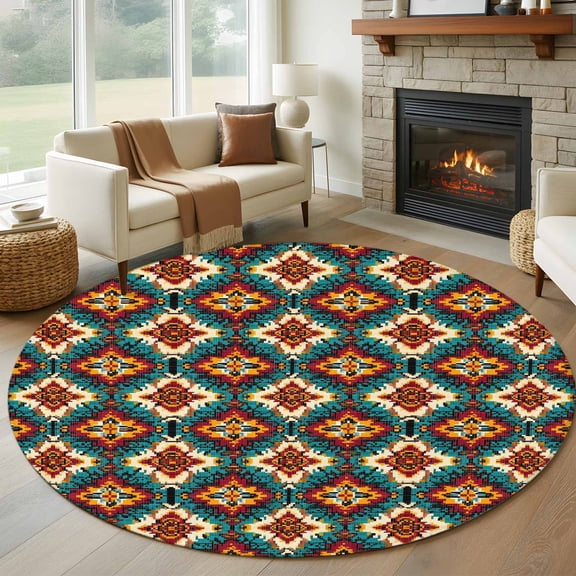 Ethnic Teal Orange Geometric Art Round Rug 5ft Native Tribal Retro Pattern Washable Area Rugs for Living Room Bedroom Entryway Non Slip Entrance Door Mat Indoor Floor Carpet