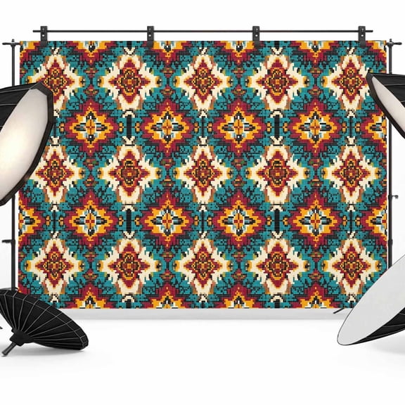 Ethnic Teal Orange Photography Backdrop 8x6FT, Southwestern Native Tribal Retro Geometric Photo Backdrops, Background for Photography Studio Photo Studio Background, Back Drop for Photoshoot