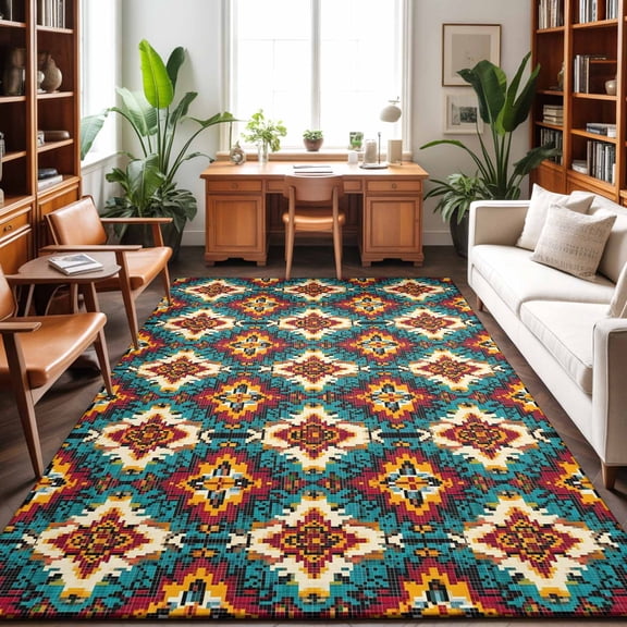 Ethnic Teal Orange Washable Area Rug 9 x 12 ft Southwestern Native Tribal Retro Geometric, Soft Non Slip Rugs Stain Repellent Indoor Felt Carpet for Living Dining Room Bedroom Home Office