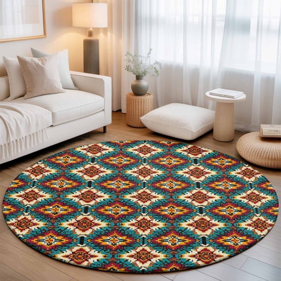 Ethnic Teal Orange Washable Round Area Rug 4 ft, Southwestern Native Tribal Retro Geometric, Soft Non Slip Rugs Stain Repellent Indoor Felt Carpet for Living Dining Room Bedroom Home Office