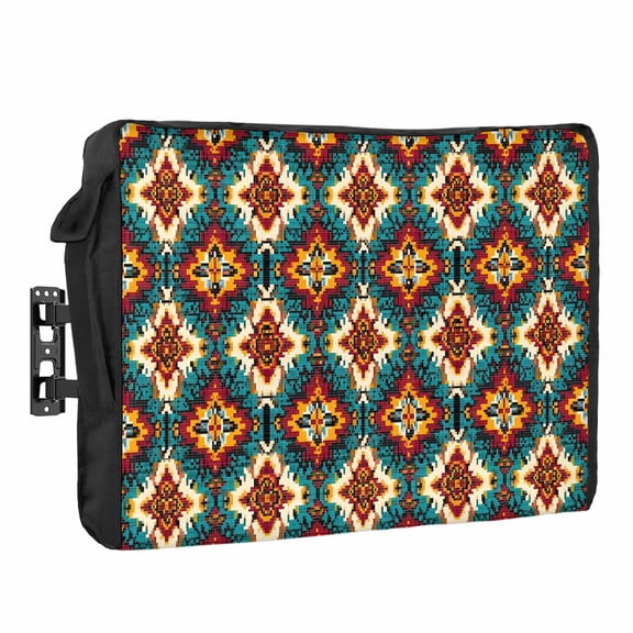 Ethnic Teal Orange Waterproof Outdoor TV Cover, Southwestern Native Tribal Retro Geometric Outside Weatherproof TV Enclosures for 80 to 85 Inch LCD Television Shield Flat Screen Protectors