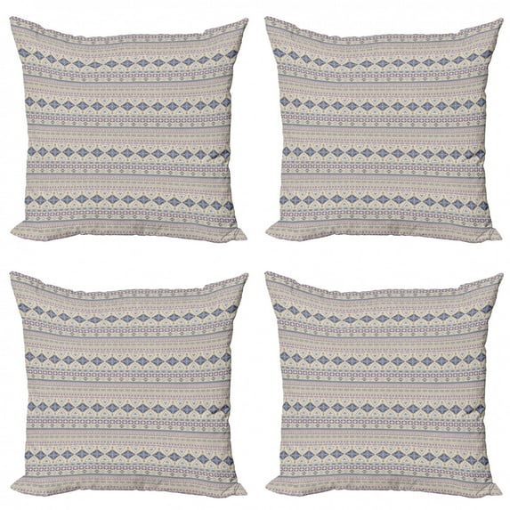 Ambesonne Ethnic Throw Pillow Cover 4 Pack, Ornate Motif, 18", Eggshell and Blue