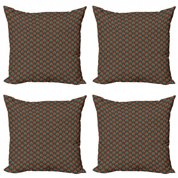 Ethnic Throw Pillow Cushion Case Pack of 4, Floral Vintage Pattern of Ornamentation with Fish Scale-Like Geometric Shapes, Modern Accent Double-Sided Print, 4 Sizes, Multicolor, by Ambesonne