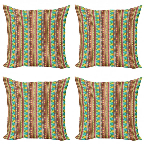 Ethnic Throw Pillow Cushion Case Pack of 4, Geometric Pattern with Vertical Stripes and Zigzags Colorful Doodle Art Style, Modern Accent Double-Sided Print, 4 Sizes, Multicolor, by Ambesonne