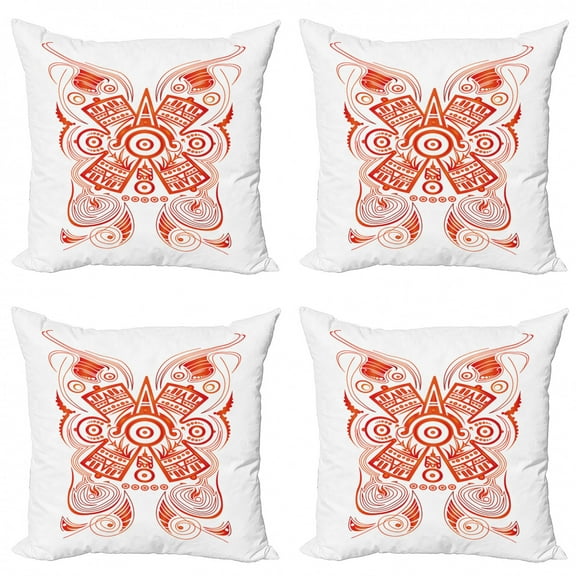 Ethnic Throw Pillow Cushion Case Pack of 4, Illustration of Mayan Concept Symbolic Details, Modern Accent Double-Sided Print, 4 Sizes, Vermilion White, by Ambesonne