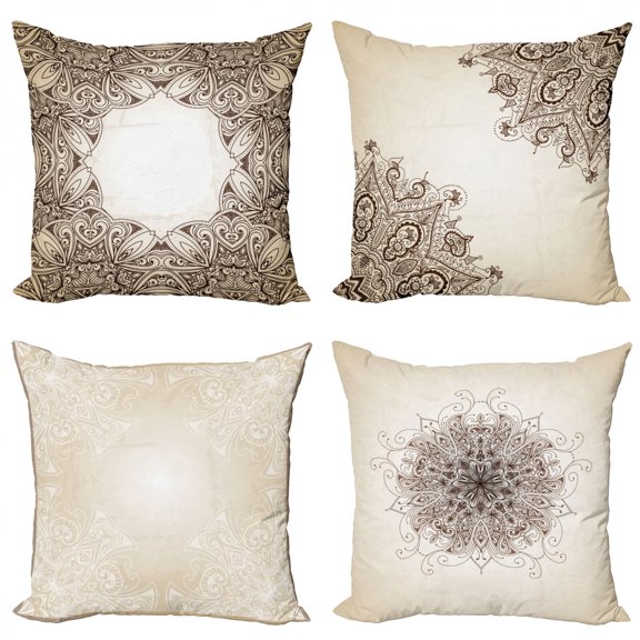 Ambesonne Ethnic Throw Pillow Cover 4 Pack, Cultural Folkloric Mandala, 18", Eggshell Brown