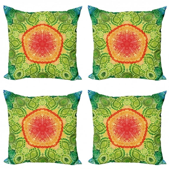 Ambesonne Ethnic Throw Pillow Cover 4 Pack, Lace Mandala Hippie Style, 24", Yellow Green Blue