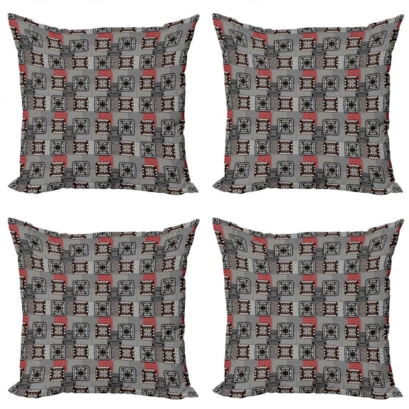 Ambesonne Ethnic Throw Pillow Cover 4 Pack, Aztec Ornament Lace, 16", Grey Vermilion Brown