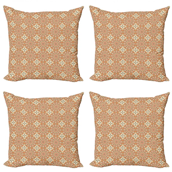 Ethnic Throw Pillow Cushion Case Pack of 4, Ornamental Classic Pattern with Flower Blooms Circles and Squares Arrangement, Modern Accent Double-Sided Print, 4 Sizes, Multicolor, by Ambesonne
