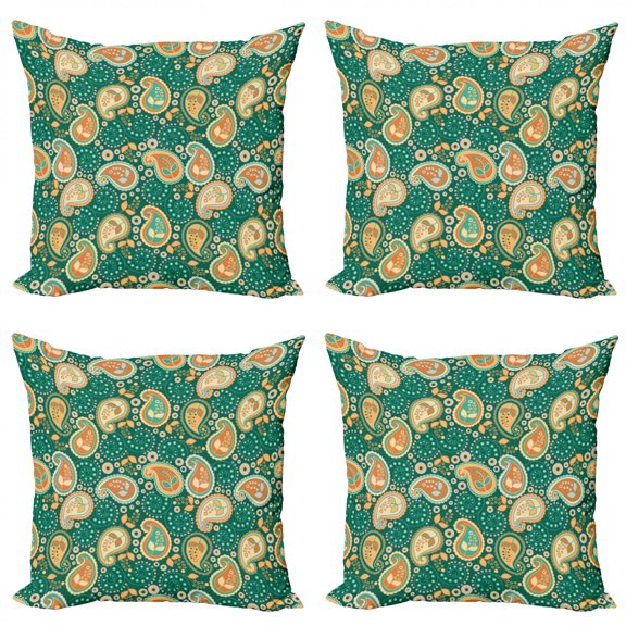 Ambesonne Ethnic Throw Pillow Cover 4 Pack, Folkloric Paisley Flowers, 24", Apricot Hunter Green