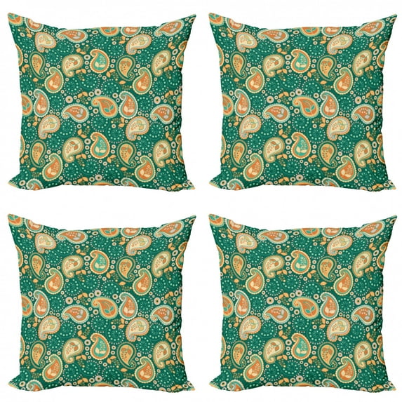 Ambesonne Ethnic Throw Pillow Cover 4 Pack, Folkloric Paisley Flowers, 16", Apricot Hunter Green