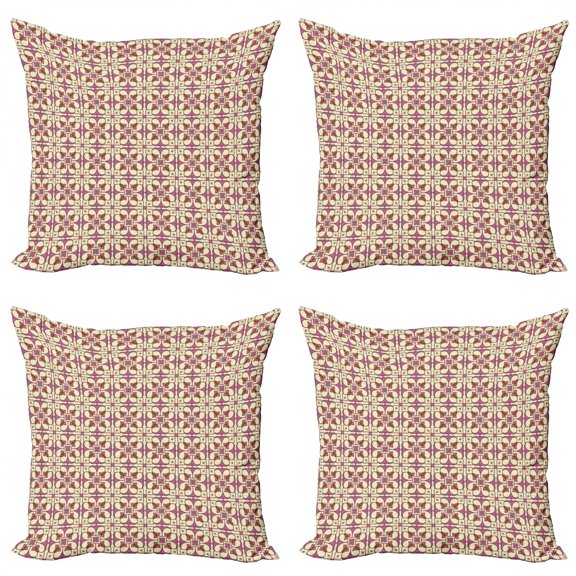 Ethnic Throw Pillow Cushion Case Pack of 4, Traditional Moroccan Ceramic Boho Style Mosaic Portuguese Tiles Art, Modern Accent Double-Sided Print, 4 Sizes, Dark Magenta Pale Yellow, by Ambesonne