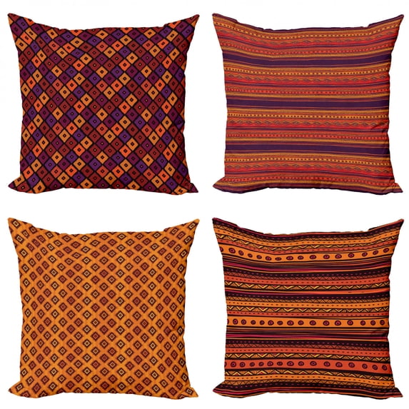Ambesonne Ethnic Throw Pillow Cover 4 Pack, Tribal Folk Stripes Forms, 24", Orange Plum and Burgundy