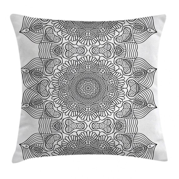 Ethnic Throw Pillow Cushion Cover, Indian Folk Pattern with Moroccan Arabesque Effects Middle Eastern Influences Image, Decorative Square Accent Pillow Case, 18 X 18 Inches, Grey White, by Ambesonne