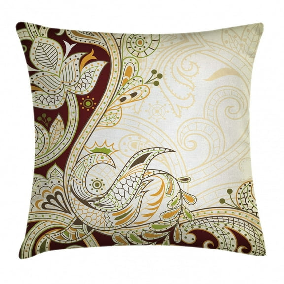 Ethnic Throw Pillow Cushion Cover, Oriental Floral Leaf Pattern with Middle Eastern Effects Design, Decorative Square Accent Pillow Case, 18 X 18 Inches, Cream Chestnut Brown Lime Green, by Ambesonne