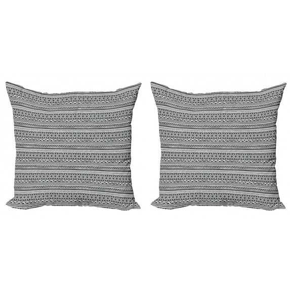 Ethnic Throw Pillow Cushion Cover Pack of 2, Black and White Geometric Ornament Hand Drawn Style Folk Native Peruvian Borders, Zippered Double-Side Digital Print, 4 Sizes, Black White, by Ambesonne