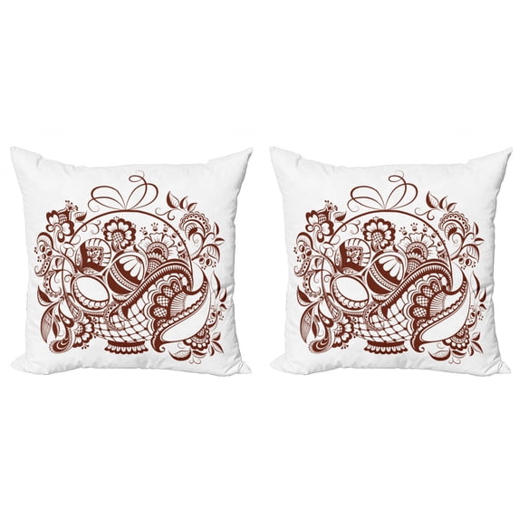 Ethnic Throw Pillow Cushion Cover Pack of 2, Classic Blossom Swirls with Middle Eastern Bohemian Influences Pattern, Zippered Double-Side Digital Print, 4 Sizes, Brown and White, by Ambesonne
