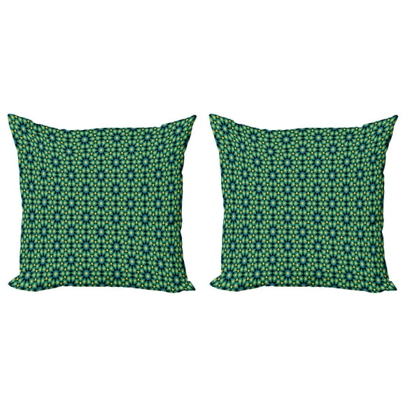 Ambesonne Ethnic Throw Pillow Cover 2 Pack, Geometric Petals Flowers, 16", Yellow Teal and Blue