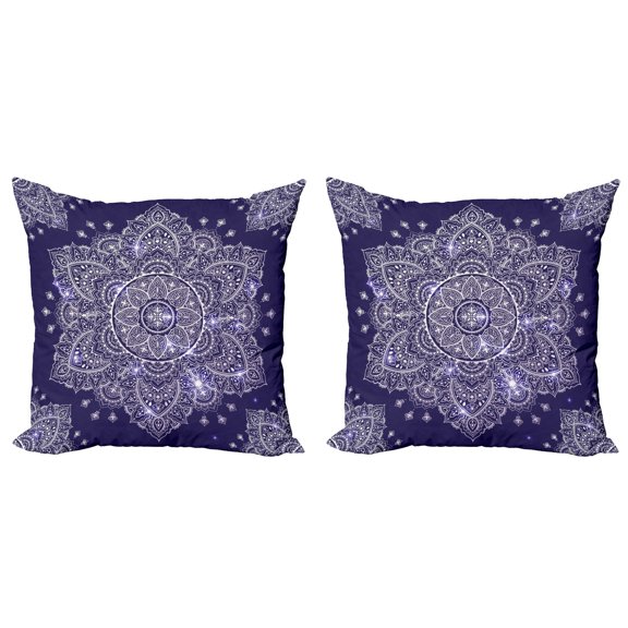 Ambesonne Ethnic Throw Pillow Cover 2 Pack, Floral Round Retro Ornament, 16", Lavender Blue Indigo