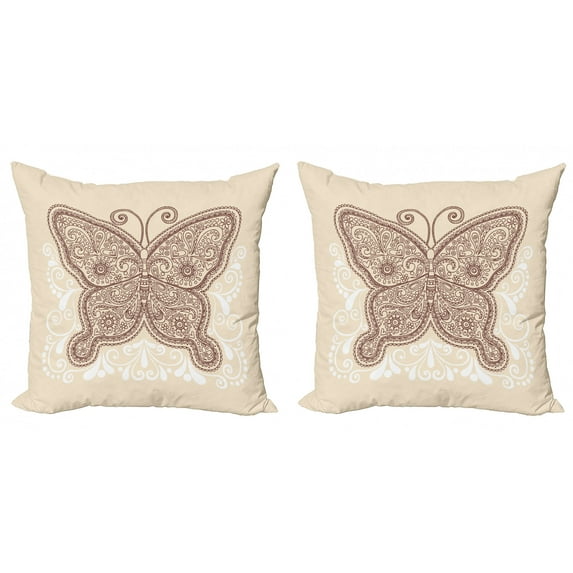 Ambesonne Ethnic Throw Pillow Cover 2 Pack, Ornament Abstract Butterfly, 20", Brown White