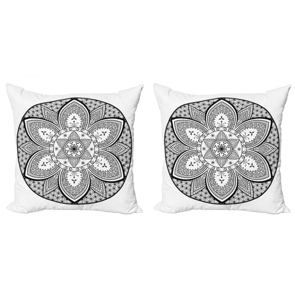Ambesonne Ethnic Throw Pillow Cover 2 Pack, Mandala Design Leaves Dots, 16", Black and White