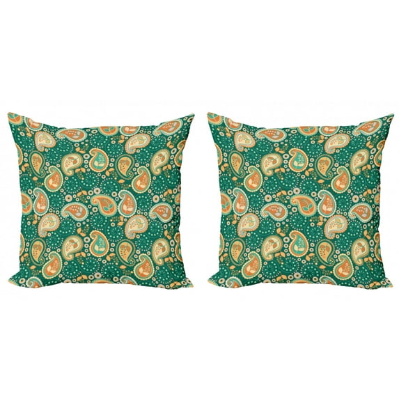 Ambesonne Ethnic Throw Pillow Cover 2 Pack, Folkloric Paisley Flowers, 24", Apricot Hunter Green