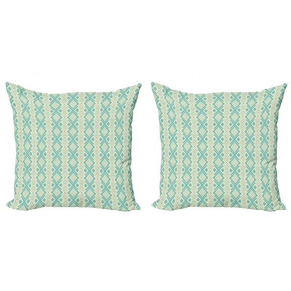 Ethnic Throw Pillow Cushion Cover Pack of 2, Timeless Bullseye Rhombus Pattern with Ornamental Geometric Design, Zippered Double-Side Digital Print, 4 Sizes, Cream and Pale Blue, by Ambesonne