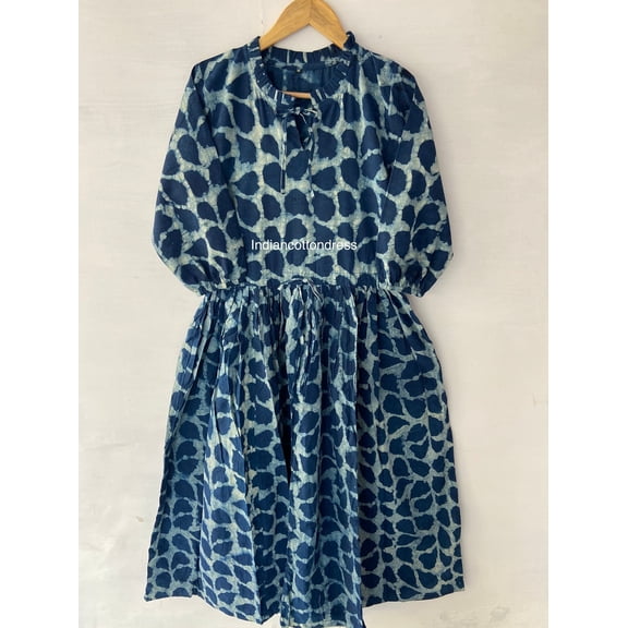 Ethnic Traders Dabu Work Indigo Color Handblock Printed Cotton Skater Party Dress for Women