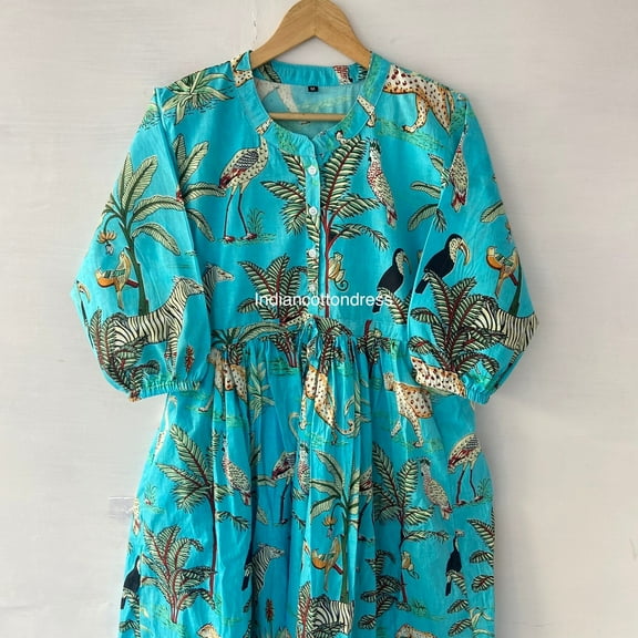 Ethnic Traders Indian Blue Animal Print Cotton Fabric Summer Boat Neck Buttons Dress for Women