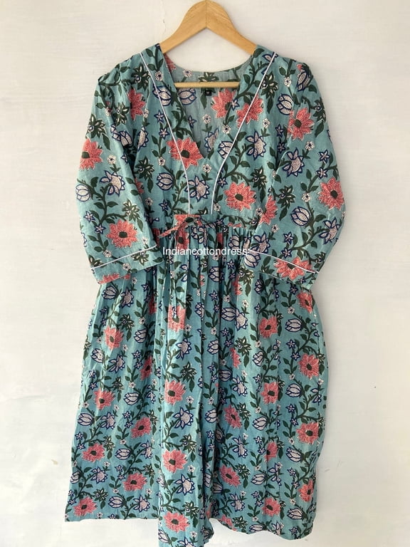 Indian Floral Block Print Deep V Neck Cotton Summer Dress for Women's