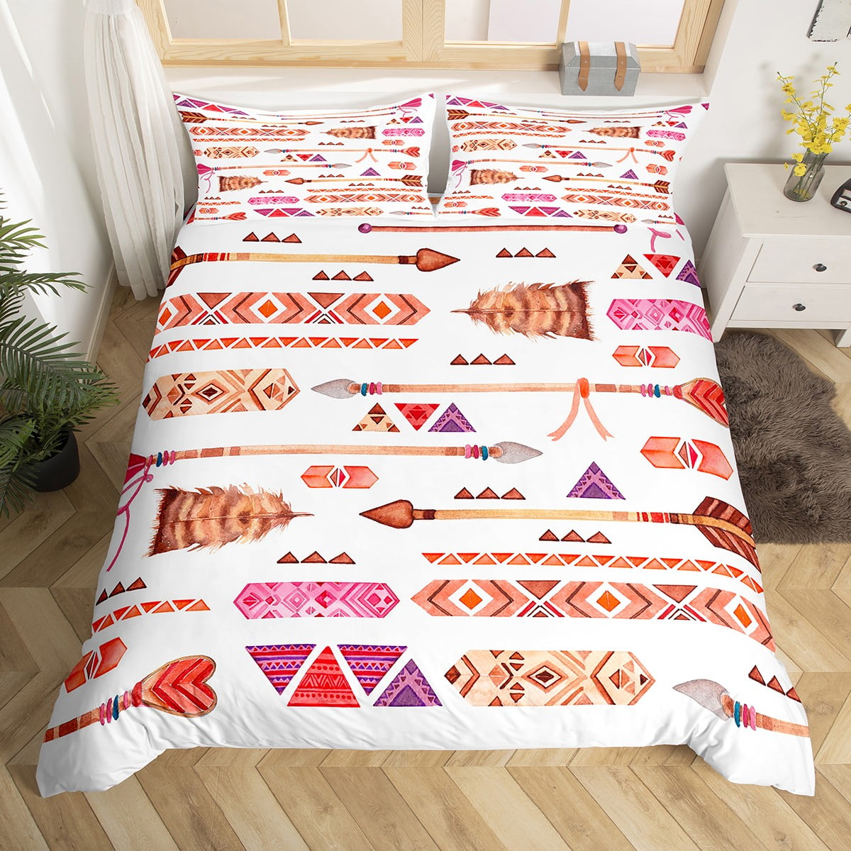 Ethnic Tribal Arrow Duvet Cover Twin Kawaii Bedding Set,Watercolor Feather Bohemian Comforter