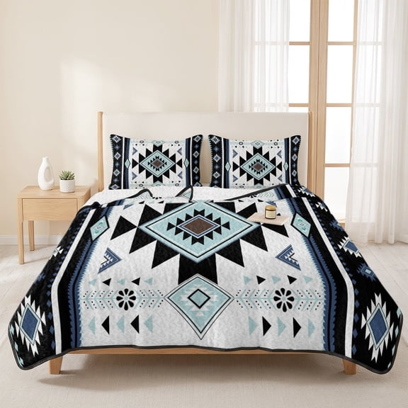 Ethnic Tribal Aztec Geometric Pattern 3 Pieces Quilt Set,1 Quilt with 2 Shams,Blue Black White Bedspread Soft Lightweight Bedding Coverlet Comforter Set for All Season 96"x106"