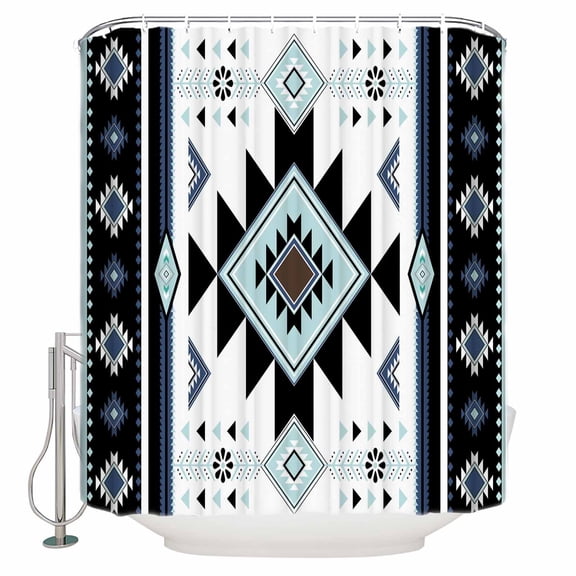 Ethnic Tribal Aztec Geometric Pattern Shower Curtain for Bathroom, Blue Black White Waterproof Shower Curtains Washable Quick Dry with Hooks Bathtub Curtains 72x72 IN