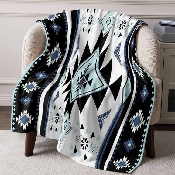 Ethnic Tribal Aztec Geometric Pattern Throw Blanket Flannel Fleece Throws, Blue Black White Lightweight Super Soft Warm Blankets for Couch Sofa Bed All Season Use, 50x60 in