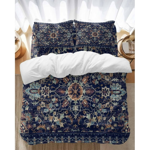 Ethnic Tribal Bedding Duvet Cover Set King Size 4 Pieces Vintage Flower Abstract Geometric Texture Bedding Set with Zipper Closure, 1 Comforter Cover 92x106 Inches 1 Flat Sheet & 2 Pillow Cases