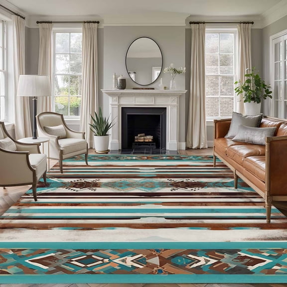 Ethnic Tribal Diamond 8'x10' Large Area Rug for Living Room Sectional Sofa, Boho Abstract Teal Brown Stripes Diamond Washable Non Slip Low Pile Rectangle Area Rug