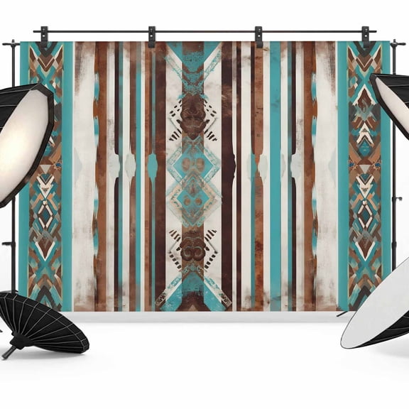 Ethnic Tribal Diamond Backdrop for Photography, Boho Abstract Teal Brown Stripes Diamond Photo Backdrop Portrait Background Party Banner Photo Backgrounds for Studio Booth Props, 10x8ft