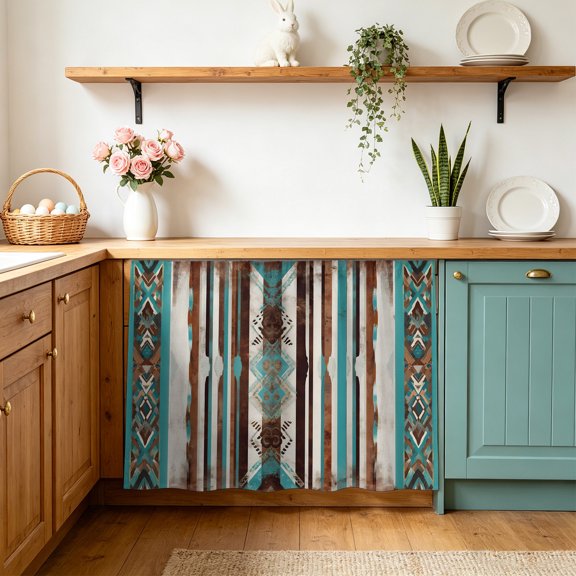 Ethnic Tribal Diamond Cabinet Curtains 11" W x 13" L, Boho Abstract Teal Brown Stripes Diamond Under-Desk Privacy Dust Proof Drape Dishwasher Curtain Sink Skirt for Kitchen Closet Bathroom Laundry